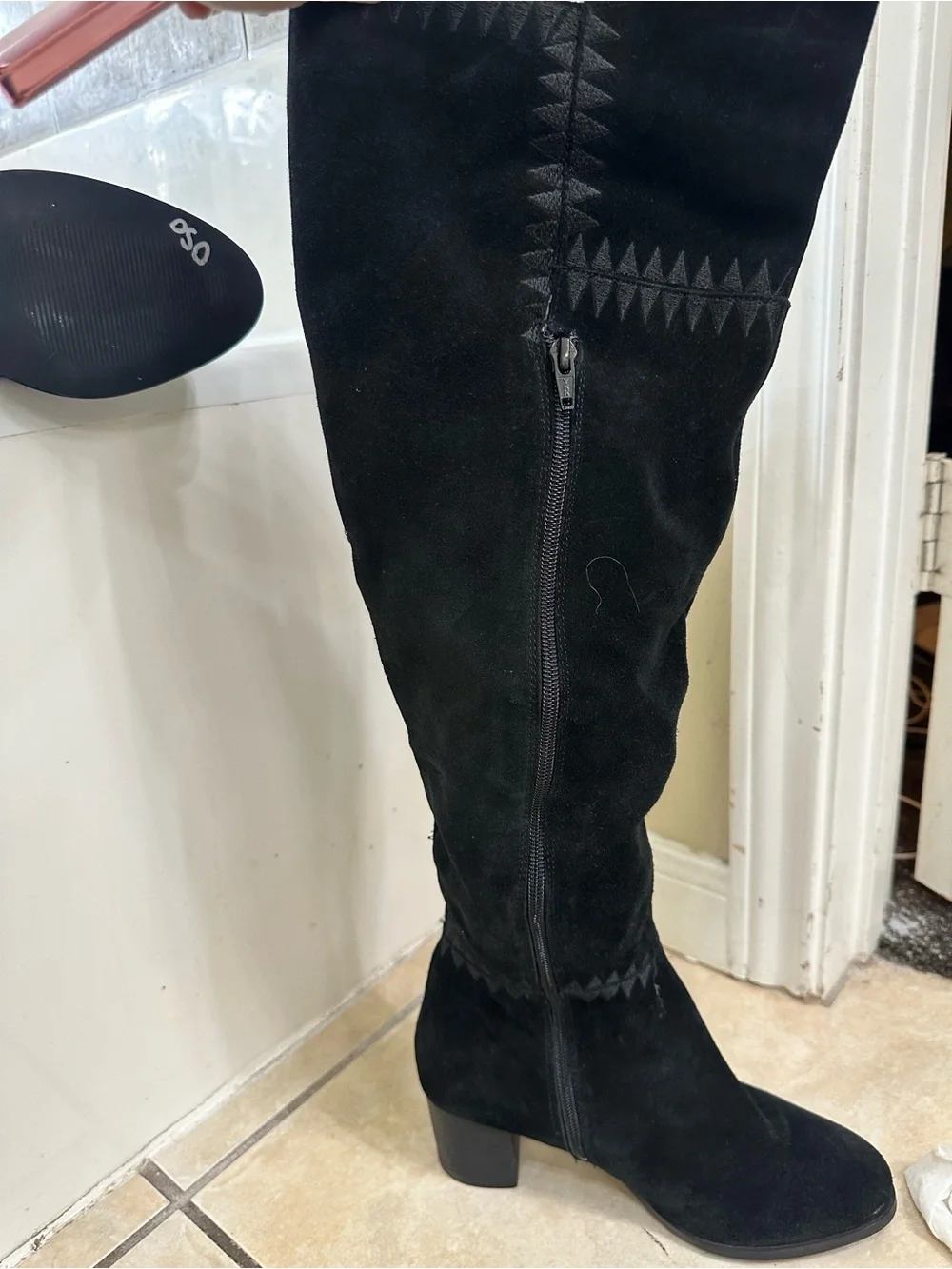 Matisse Black Suede Over-the-Knee Boots with Geometric Stitching